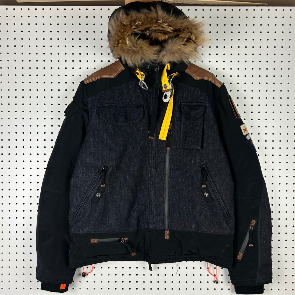 Parajumpers Mountain Loft Gobi Bomber Jacket Mens XL Black Fur Hood Coat READ !!